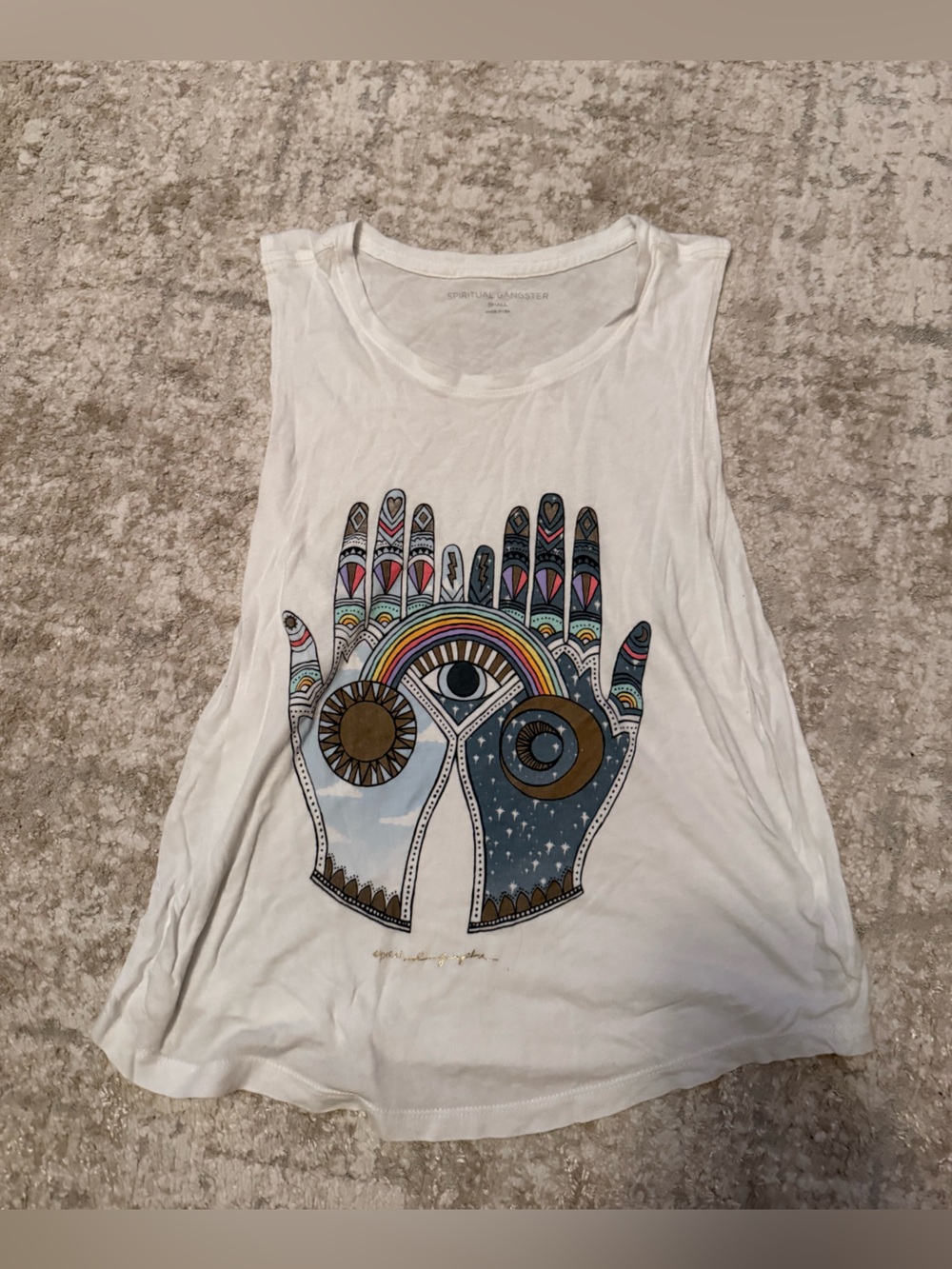 Spiritual Gangster White Tank with Colorful Celestial Hand Graphic size S